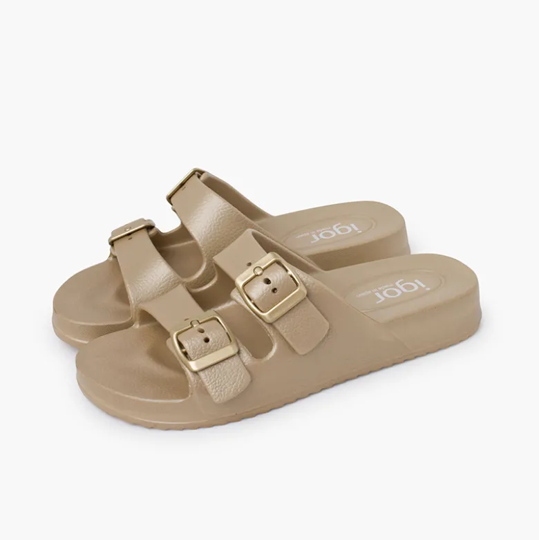 Sandalias Mujer doble hebilla colores metálicos