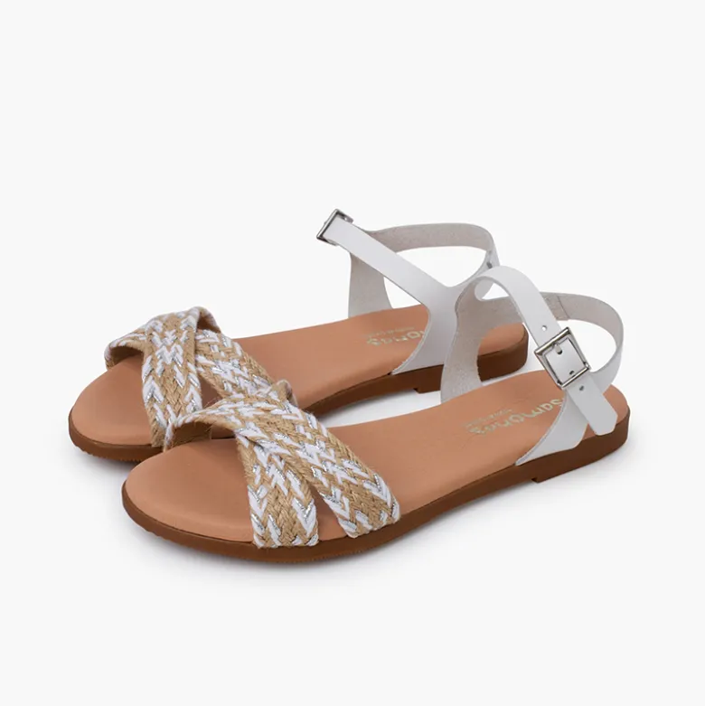 Sandalias niña y mujer. Tira de yute cruzada en la pala