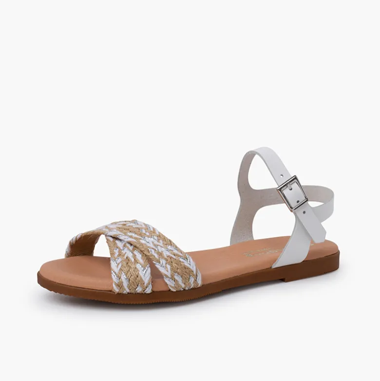 Sandalias niña y mujer. Tira de yute cruzada en la pala
