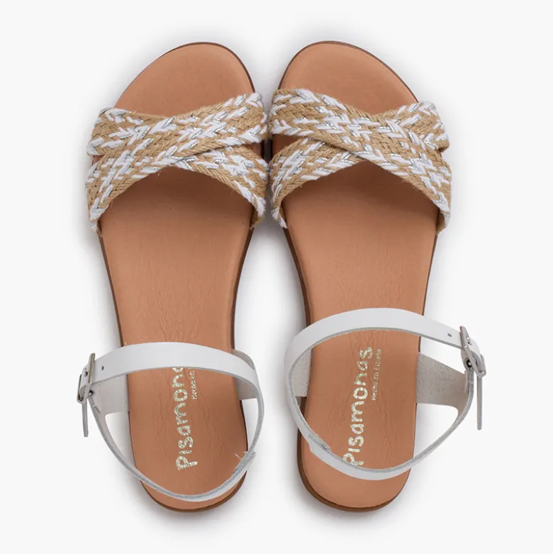 Sandalias niña y mujer. Tira de yute cruzada en la pala